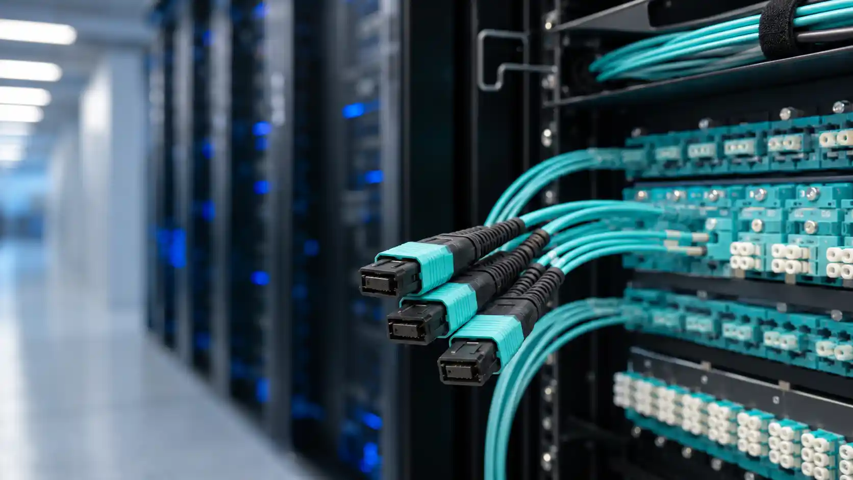 MPO fiber connectors and trunk cables in a data center MPO fiber connectors and trunk cables in a data center